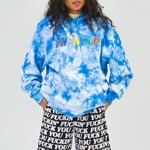 RIPNDIP Tie Dye Hoodie Blue White Rainbow Logo Embroidered Hooded Sweatshirt M